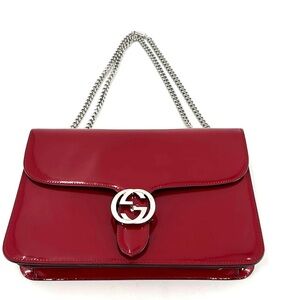 GUCCI women’s Red Patent Leather Interlocking G Medium Shoulder Bag
